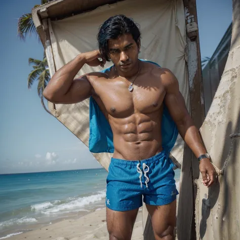 (((sexy gorgeous young))) beautiful (((YOUNG LONELY ALONE))) gorgeous rich ((muscular indian man)) ((wearing a rolex watch)) on his wrist, in (((blue swim shorts at the beach)))