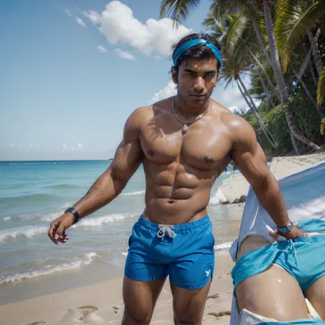 (((sexy gorgeous young))) beautiful (((YOUNG LONELY ALONE))) gorgeous rich ((muscular indian man)) ((wearing a rolex watch)) on his wrist, in (((blue swim shorts at the beach)))