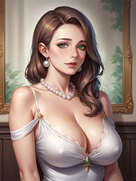 ((Best quality)), ((masterpiece)), (detailed), 3/4 illustration of a middle aged female character with soft shoulder length brown hair and brownish green eyes, motherly, milf, full figure, soft expression, older, aged 40, digital art painting style, digita...