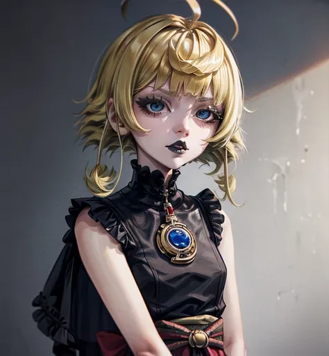 a close up of a woman with a black dress and black lipstick, blonde hime cut hair, with short hair, 1 7 - year - old anime goth girl, short pigtails hair, white hime cut hairstyle, sui ishida with blonde hair, with short hair with bangs, short blonde hair ...