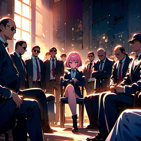 surrounded by the mafia、a pink-haired girl is sitting on a chair、all the gangsters around her point their guns at the girl