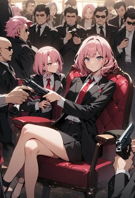 Surrounded by the Mafia、A pink-haired girl is sitting on a chair、All the gangsters around her point their guns at the girl