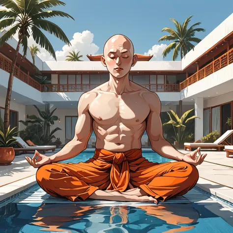 (((open mouth))),blind buddhist monk sitting in lotus position next to the pool at the white hotel, tropical, palm, white hotel,...