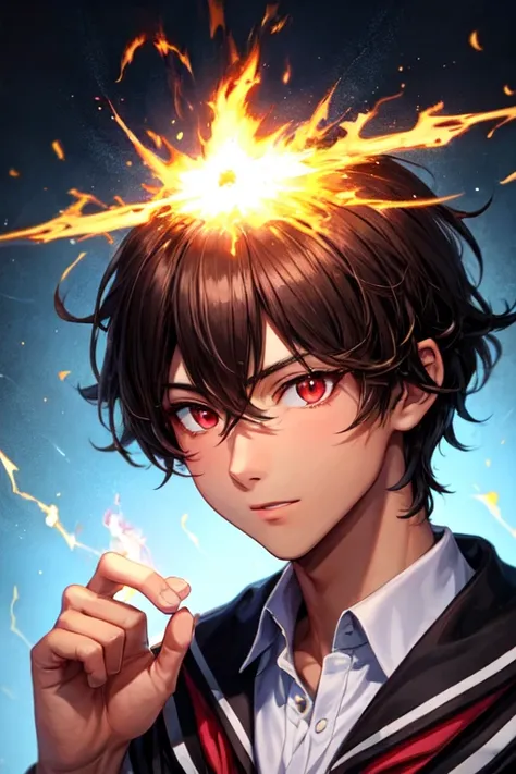 30-year-old boy with dark brown hair and black skin and bright red eyes wearing school clothes and with pyrokinesis powers