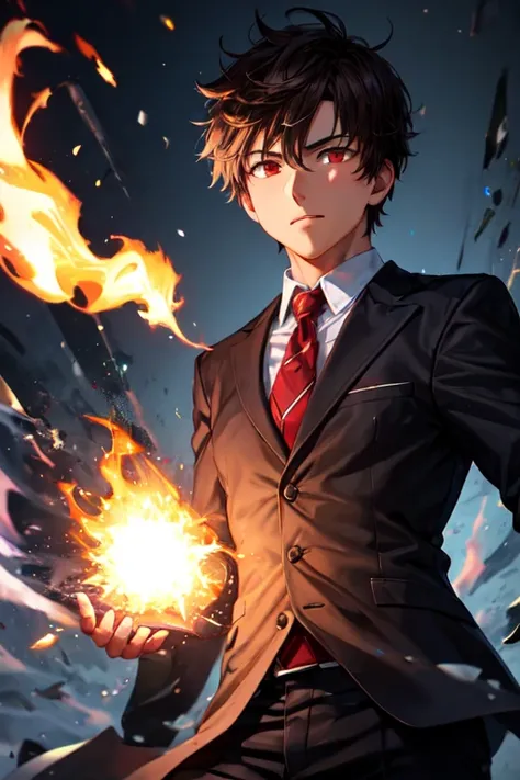 30-year-old boy with dark brown hair and black skin and bright red eyes wearing school clothes and with pyrokinesis powers