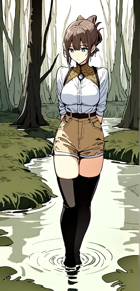 (Put your arms behind your back), (Swamp:1.3) ,Swamp Forest,beige jean shorts,Black thigh-high boots,Swampに溺れる,Partially submerged,Bottomless Swamp,Folded ponytail,