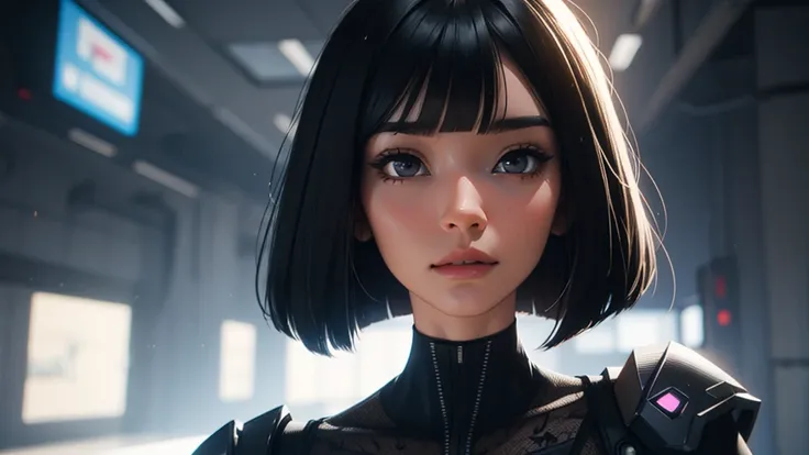 best quality,Perfect masterpiece,perfect work of art,8K, A very detailed beautiful woman, Perfect face,Black Hair, bob cut,Bangs, Gray eyes, Super detailed, delicate face, Pearl Illusion,cyberpunk,fashion trends,3s materials,HD,Detailed performance,C4D,3d,...