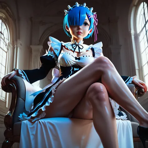 score_9, score_8_up, score_7_up, rem_(re:zero)
blue_eyes,hair_over_one_eye,short_hair,blue_hair,hair_ribbon,roswaal_mansion_maid_uniform, 1girl, solo, sitting, crossed legs, from below
Masterpiece, best quality, detailed eyes, perfect face, award winning, ...