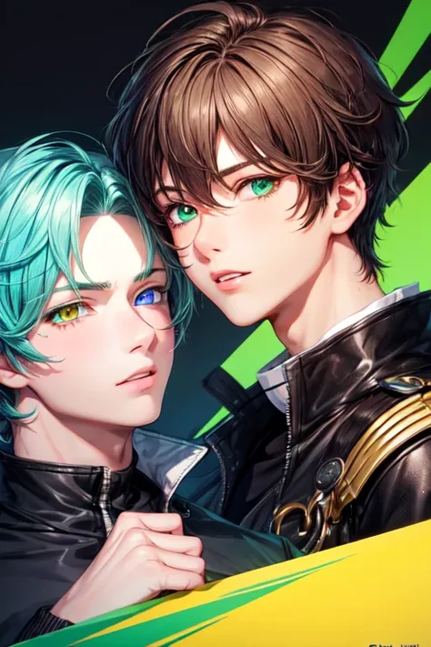 25 year old male boy, green hair with blue and yellow heterochromia eyes, and another 21-year-old boy facing him, Brown hair and green eyes