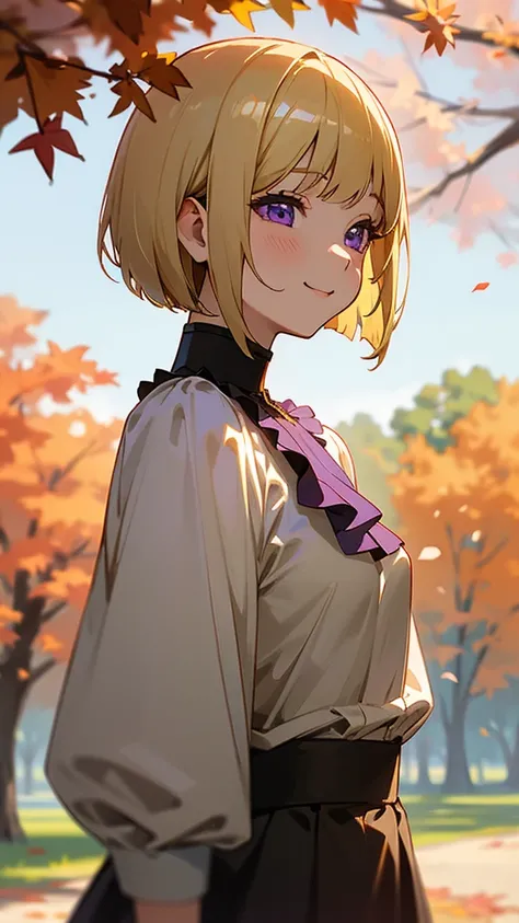 1 Girl、Anime-style paintings、Upper body close-up、From the side、Bento box、Small breasts、smile、(blonde)、Bobcut、Beautiful purple eyes、Frilled blouse、Autumn leaves park、Background Blur, Written boundary depth