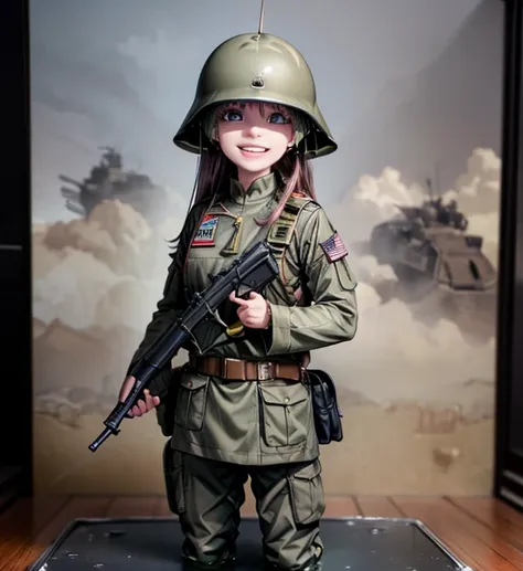 8K Ultra High-Quality) (Masterpieces) (figure: KIRUKO) 1 Girl, solo, long hair, wearing US Army Uniform from Vietnam war era, wearing US Army helmet from Vietnam war, carrying US Army bag, holding M16A1 Colt firearm, laughing looking at viewer.