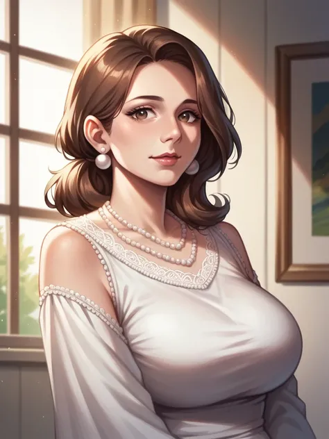 ((Best quality)), ((masterpiece)), (detailed), 3/4 illustration of a middle aged female character with soft short shoulder length brown hair and hazel eyes, motherly, milf, full figure, soft expression, older, aged 40, digital art painting style, digital p...