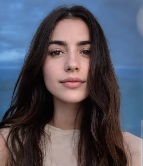 A young-adult woman with long black hair and brown eyes, hyperdetailed and realistic, sitting on the beach at Buzios Rio de Janeiro