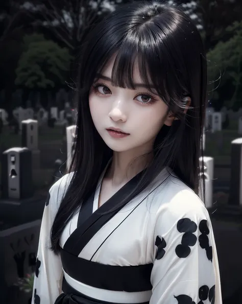 (Highest quality, 32k, High resolution, Masterpiece:1.5), marimo_jet, Ghosts wandering the cemetery at night, Evoking a sense of calm and elusive beauty, Expressing emotions, Have a rich imagination, Beautiful Japanese Girls, An exceptionally beautiful fac...