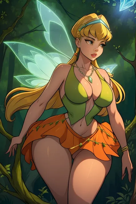 High-quality artwork portraying Tecna, the technology fairy, in an outfit inspired by Tinker Bell from the Peter Pan movie, but with a more organic and natural approach, as if she crafted her attire using elements found in the forest. Her skirt is short, e...