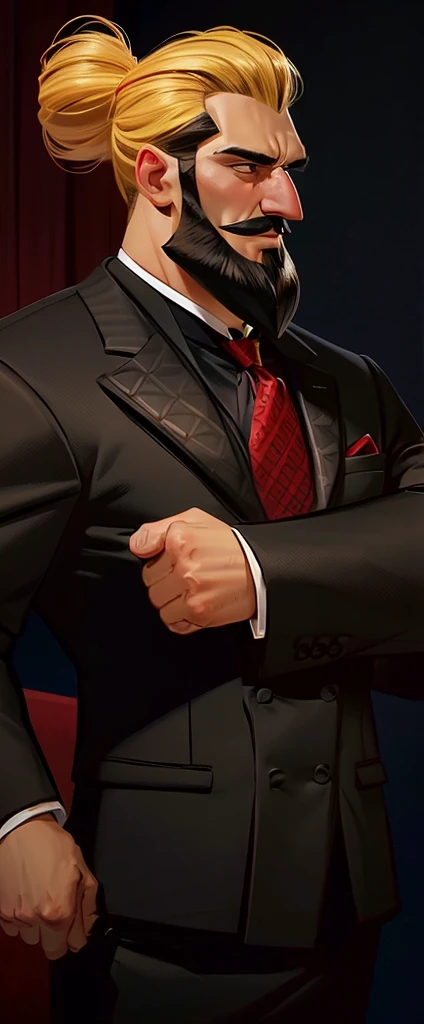 a man with a bushy beard, brunette hair but with a blonde topknot, wearing a black suit with a red tie, style cartoon (arm) - re...