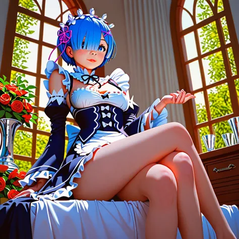 score_9, score_8_up, score_7_up, rem_(re:zero)
blue_eyes,hair_over_one_eye,short_hair,blue_hair,hair_ribbon,roswaal_mansion_maid_uniform, 1girl, solo, sitting, crossed legs, from below
Masterpiece, best quality, detailed eyes, perfect face, award winning, ...