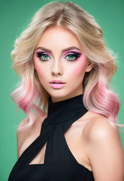 blond woman with pink eye makeup and black dress posing for a picture, a pastel by Zahari Zograf, shutterstock, aestheticism, blonde hair and large eyes, blonde hair with pink highlights, blonde and attractive features, with professional makeup, pink wispy...