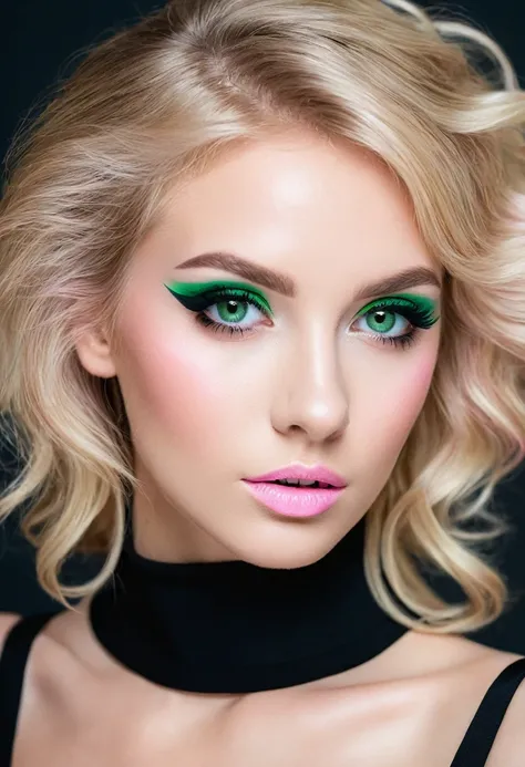 blond woman with pink eye makeup and black dress posing for a picture, a pastel by Zahari Zograf, shutterstock, aestheticism, blonde hair and large eyes, blonde hair with pink highlights, blonde and attractive features, with professional makeup, pink wispy...