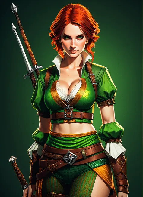 pixel-art, seductive assassin, triss merigold,  witcher game character,  st. patrick's day style, pixelated, leonardo style,