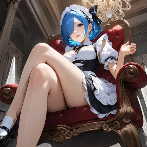 score_9, score_8_up, score_7_up, rem_(re:zero)
blue_eyes,hair_over_one_eye,short_hair,blue_hair,hair_ribbon,roswaal_mansion_maid_uniform, 1girl, solo, sitting, crossed legs, from below
Masterpiece, best quality, detailed eyes, perfect face, award winning, ...