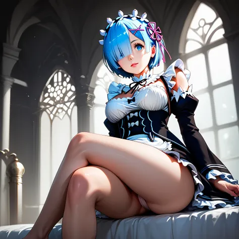 score_9, score_8_up, score_7_up, rem_(re:zero)
blue_eyes,hair_over_one_eye,short_hair,blue_hair,hair_ribbon,roswaal_mansion_maid_uniform, 1girl, solo, sitting, crossed legs, from below
Masterpiece, best quality, detailed eyes, perfect face, award winning, ...