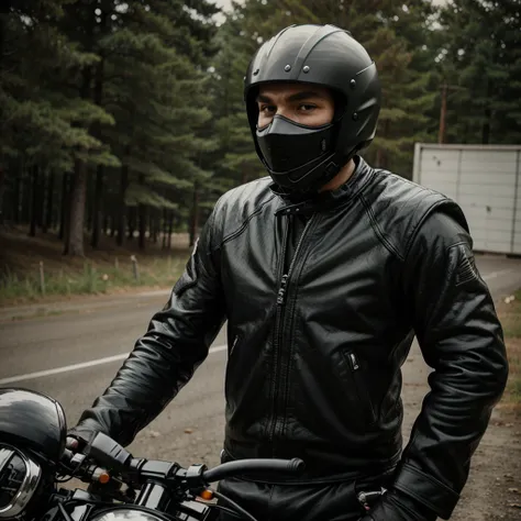 Biker on his motorcycle with his black motocross helmet on his head which makes him anonymous.