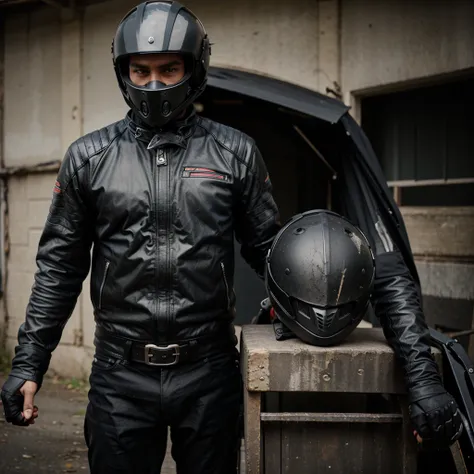 Biker on his motorcycle with his black motocross helmet on his head which makes him anonymous.