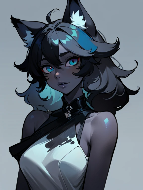 (masterpiece,best quality,ultra-detailed),1girl,black hair,messy hair,(fox ears),(black fox ears),beautiful eyes,(colored skin, grey-blue skin),(grey theme),(pastel colors theme), lips parted, sundress