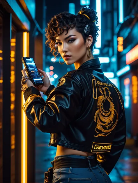 Chun-Li cinematic photo (Street Fighter) while a cyberpunk-style assassin holds a high-tech weapon with tattoos on his face, ready to shoot gun, wariza, 
killer is wearing a yellow-orange (crayons) high tech neon armor, wires and cables are connected to th...