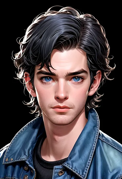 andrew Garfield, man, defined body, round face, short hair, hair back, messy front hair, black hair, Sapphire blue eyes, small nose, small lips, soft jaw, denim jacket, simple black high-neck t-shirt, blue jeans, exhausted expression, falling into a bottom...