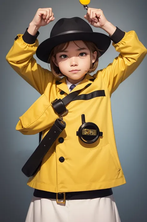 Yellow investigator emoji holding a magnifying glass next to his eye and wearing a hat 