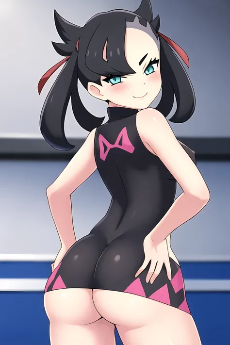 pokemonmarnie, aqua eyes, , black hair, hair ribbon, long hair, red ribbon, ribbon, twintails, room, breasts, blush, highres, looking at viewer, bouncing breasts, nipples,, nude, hands on hip, seductive smile, ass, back,