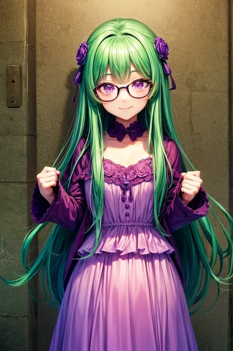 ((best quality)), ((masterpiece)), (detailed), 1 girl, expressive eyes, perfect face, long black hair fades to green hair, glasses, pink and purple eyes, blush, smile, 