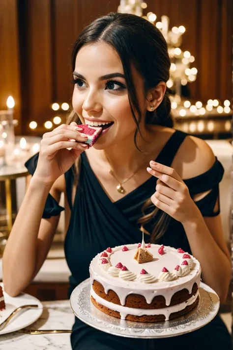 Person eating a fancy cake