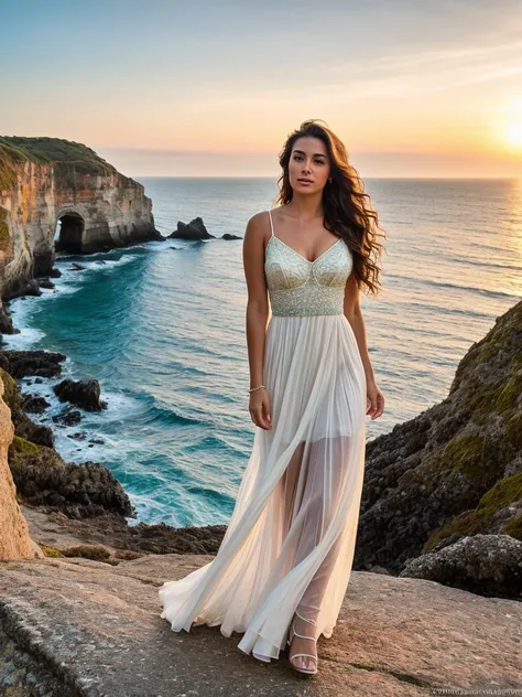 lCapture a stunning 29-year-old UK woman, model standing on a cliff, enjoying a breathtaking sunset view over the ocean. She is dressed in a flowing, elegant dress that catches the gentle breeze. Her hair cascades down her shoulders, catching the golden li...