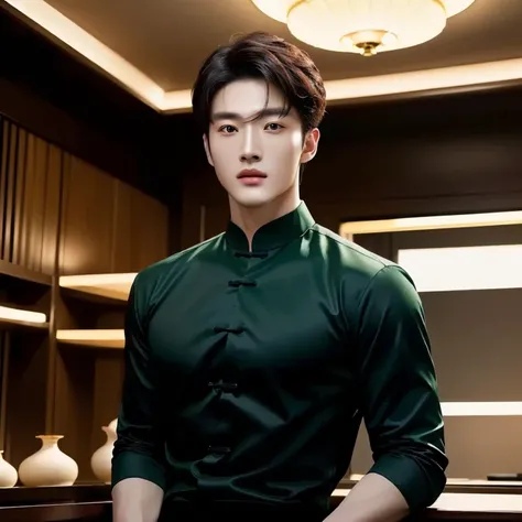 ชายอาราฟสวมGreen Shirtยืนอยู่หน้าบาร์,Southeast Asians with round faces, Open the aperture wide., professional lighting, Dark green round neck shirt, Green Shirt, Elegant dark green clothes, in the style of sifu :2, smooth hair, Handsome Chad Chin, ในDark ...