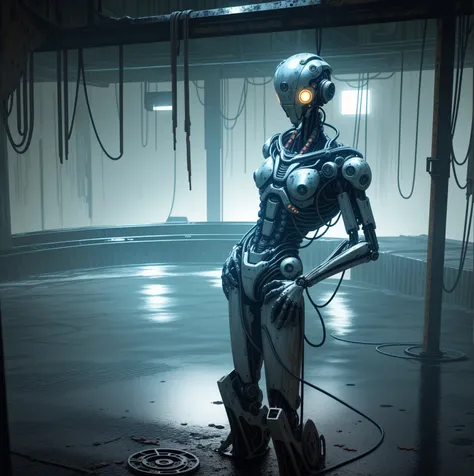 I giant humanoid robot torso, only top half of body, torso attached to a platform on the floor, long mechanical arms, slender robot fingers, rusting, disheveled, wires falling off, robot is falling apart, in the center of a giant chamber, placed above a po...