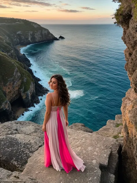 lCapture a stunning 29-year-old UK woman, model standing on a cliff, enjoying a breathtaking sunset view over the ocean. She is dressed in a flowing, elegant dress that catches the gentle breeze. Her hair cascades down her shoulders, catching the golden li...