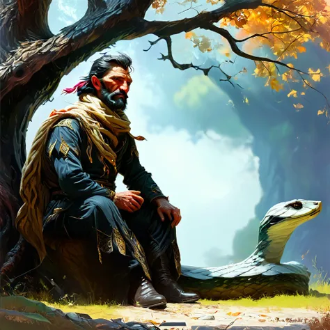 Caucasus nationality, Georgian Middle-aged man in traditional outfit, with serious face, who is sitting under giant oak tree, The oak tree Bound by snake, man caressing little dear, Autumn, leaf on ground, by Frank frazetta full body profile, trending on a...