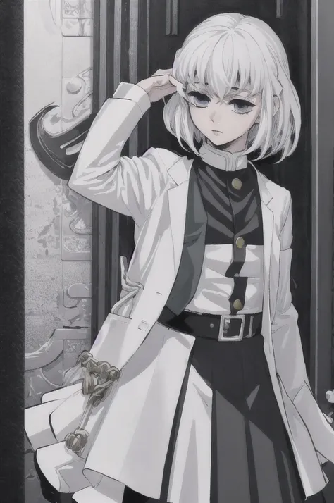 girl with short white hair, white eyes, demon slayer uniform, highly detailed high contrast hd masterpiece of best quality in high resolution