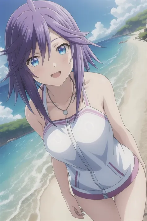 mizore_shirayuki ,1girl, solo, big breasts, cyan bikini, beach, smilling