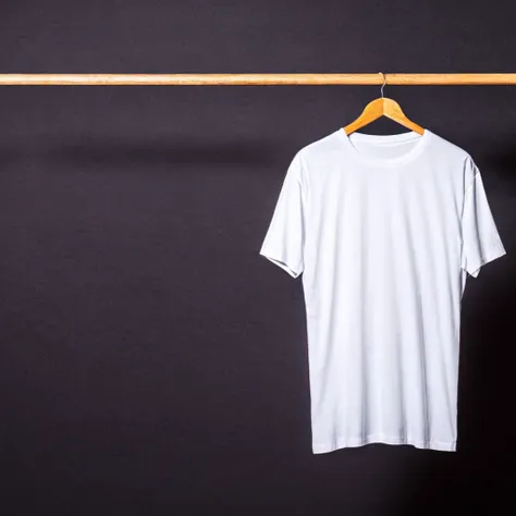 mockup of plain white t-shirts, oversized model, hanging on hangers. the image must show at least three t-shirts hanging, highli...