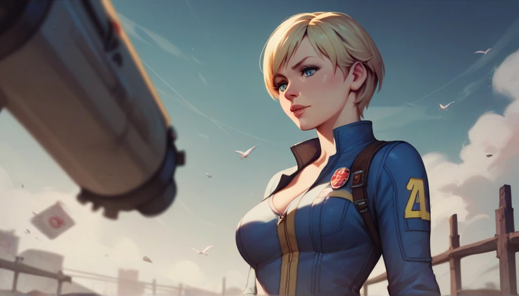 1girl, Sherry Birkin (Resident Evil 6), blonde hair, short hair, vault jumpsuit (fallout games), high resolution, masterpiece