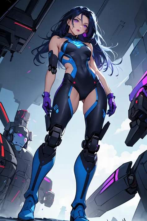 1. light-skinned robot woman 2. long spiky navy blue hair/dark 3. lips painted blue and purple 4. purple eyes 5. attractive clot...