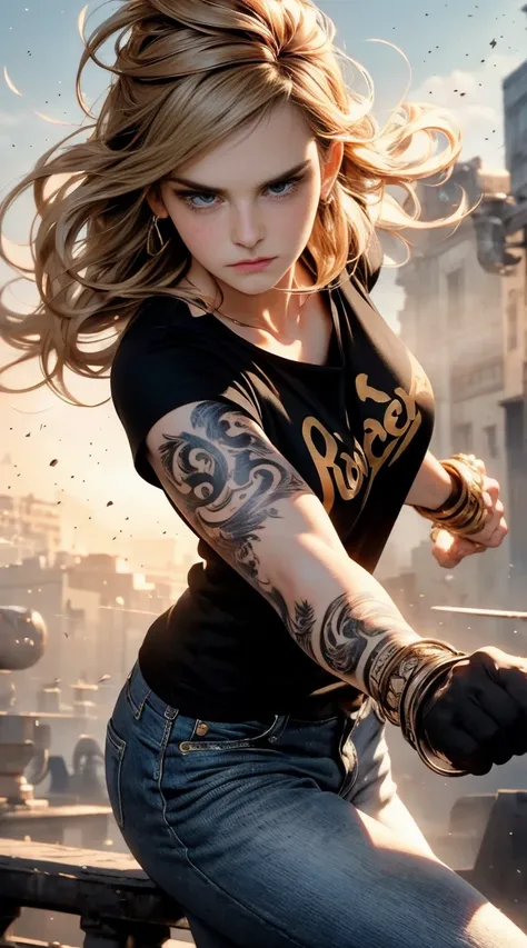 Emma Watson, masterpiece, Cowboy shot, (1woman), (golden hairs), (Black tshirt:1.2), (beautiful blue eyes), (tribal tattoo on hands), White, Orange and Blue colors, Foggy background, Graceful pose, (looking at viewer), (front view), (from sky), (bokeh:1.2)