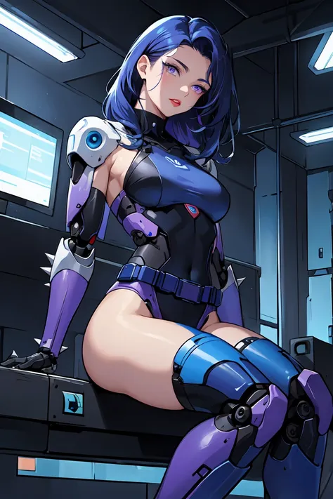 1. light-skinned robot woman 2. long spiky navy blue hair/dark 3. lips painted blue and purple 4. purple eyes 5. attractive clot...