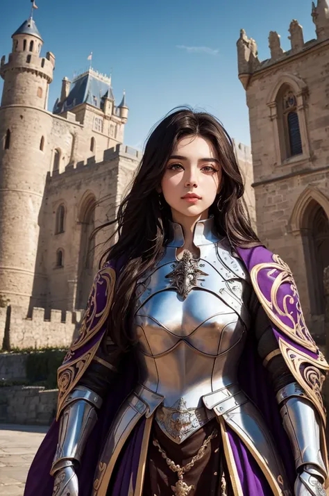 upper body focus, beautiful face, medieval setting, beautiful female knight wearing purple and silver full body plate armor, bro...