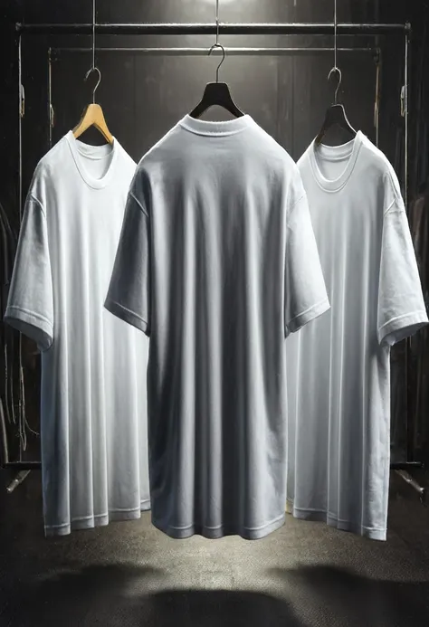 mockup of plain white t-shirts, oversized model, hanging on hangers. the image must show at least three t-shirts hanging, highli...