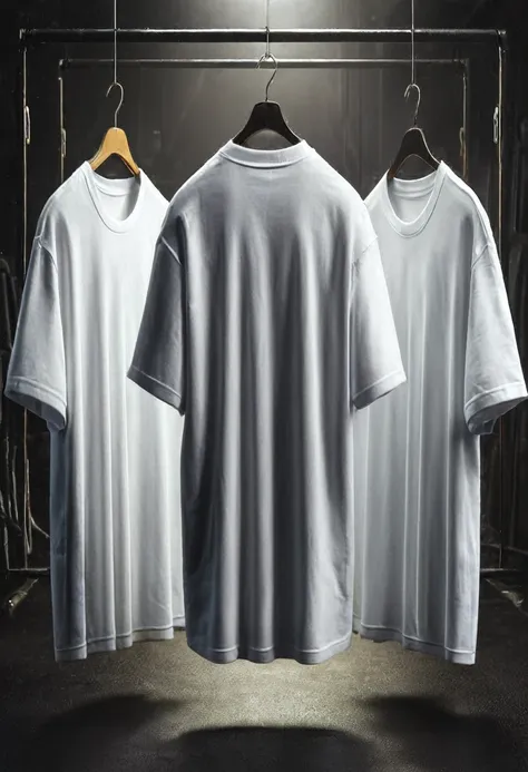 mockup of plain white t-shirts, oversized model, hanging on hangers. the image must show at least three t-shirts hanging, highli...